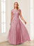 A-Line/Princess Sheer Neck Short Sleeves Long Formal Evening Dresses with Beading & Appliques