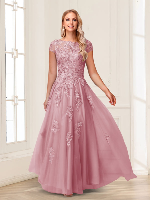 A-Line/Princess Sheer Neck Short Sleeves Long Formal Evening Dresses with Beading & Appliques