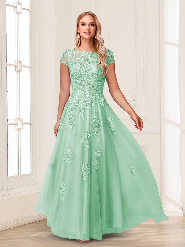 A-Line/Princess Sheer Neck Short Sleeves Long Formal Evening Dresses with Beading & Appliques