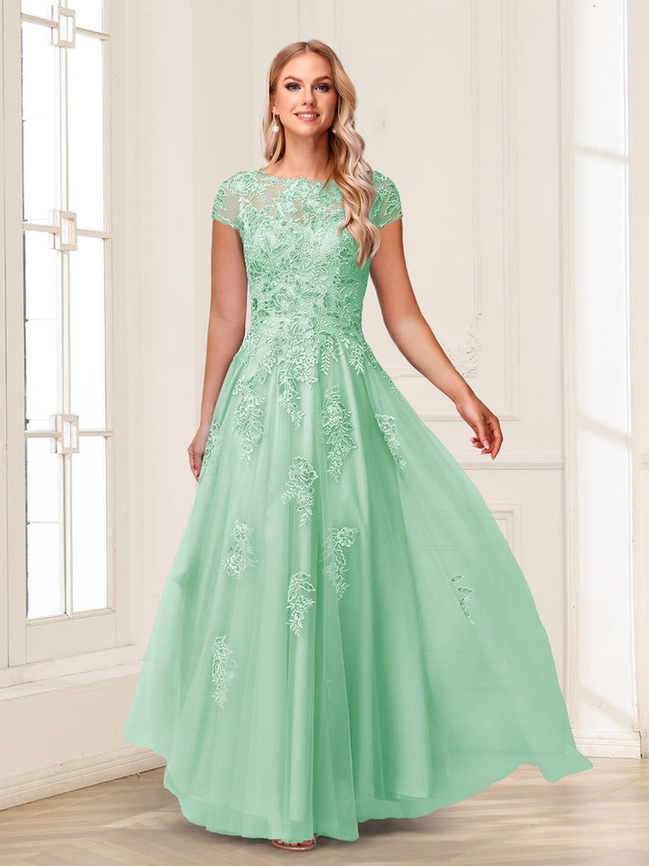 A-Line/Princess Sheer Neck Short Sleeves Long Formal Evening Dresses with Beading &amp; Appliques