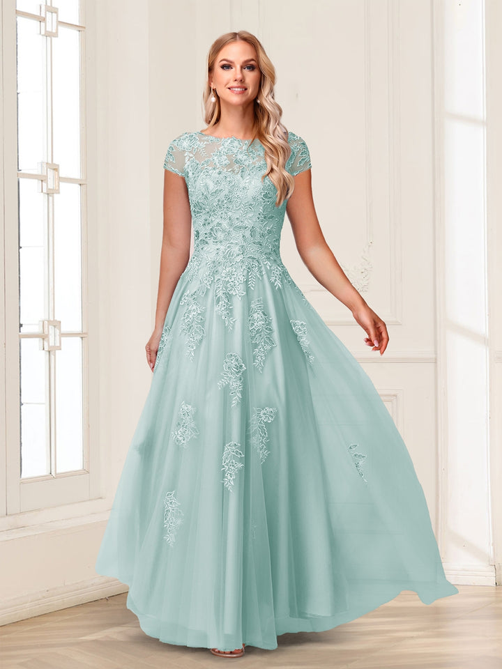A-Line/Princess Sheer Neck Short Sleeves Long Formal Evening Dresses with Beading &amp; Appliques