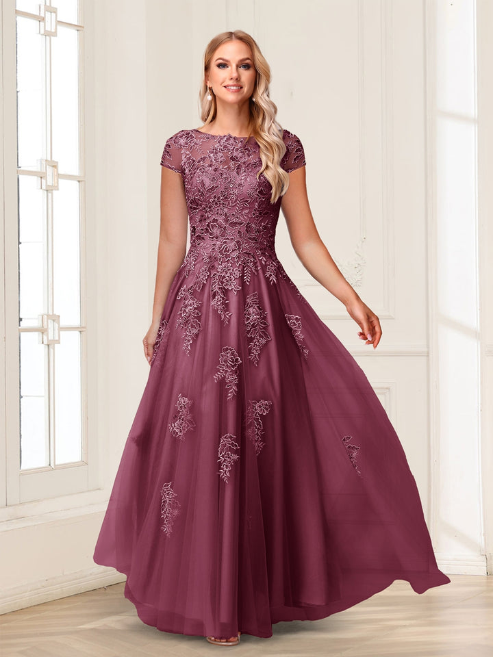 A-Line/Princess Sheer Neck Short Sleeves Long Formal Evening Dresses with Beading &amp; Appliques