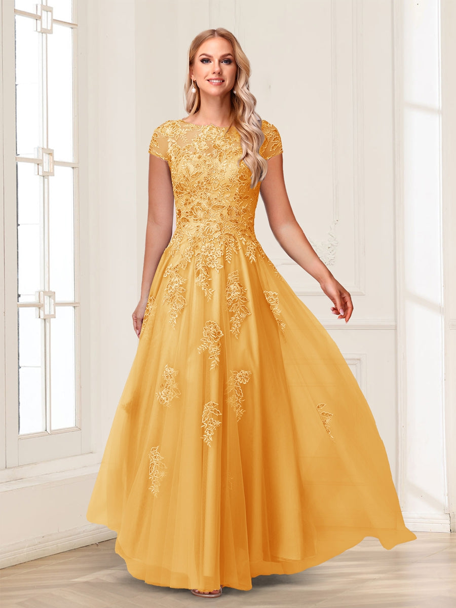 A-Line/Princess Sheer Neck Short Sleeves Long Formal Evening Dresses with Beading &amp; Appliques