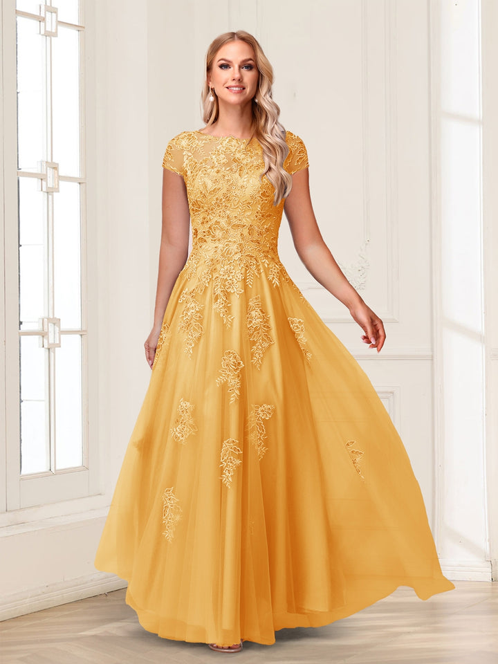 A-Line/Princess Sheer Neck Short Sleeves Long Formal Evening Dresses with Beading &amp; Appliques
