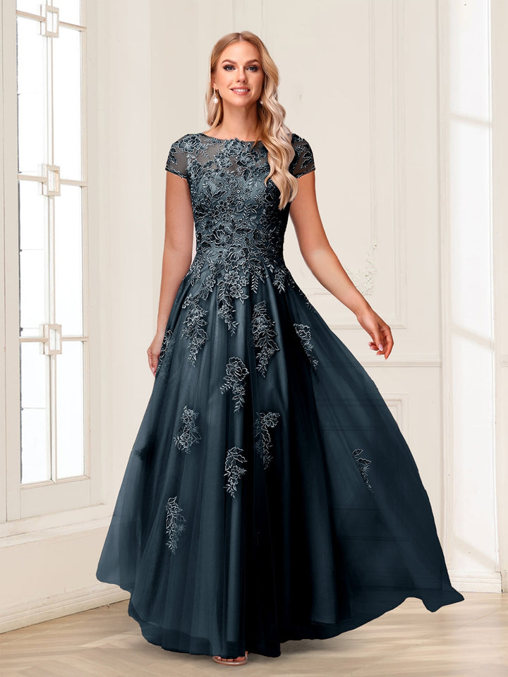 A-Line/Princess Sheer Neck Short Sleeves Long Formal Evening Dresses with Beading &amp; Appliques