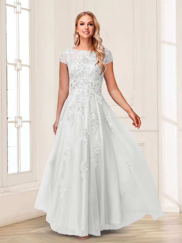 A-Line/Princess Sheer Neck Short Sleeves Long Formal Evening Dresses with Beading & Appliques