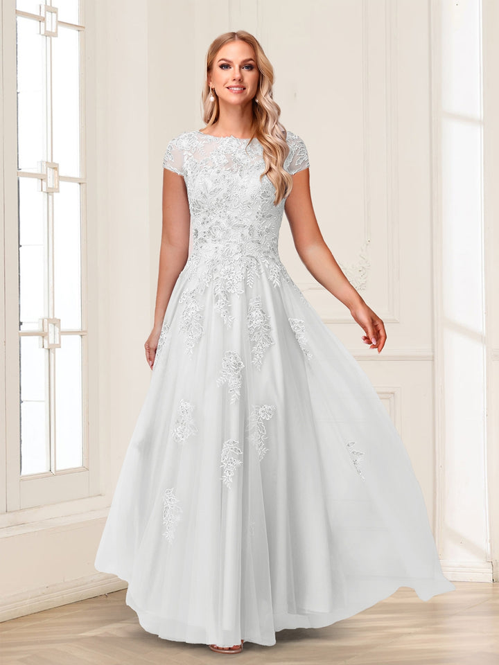 A-Line/Princess Sheer Neck Short Sleeves Long Formal Evening Dresses with Beading &amp; Appliques