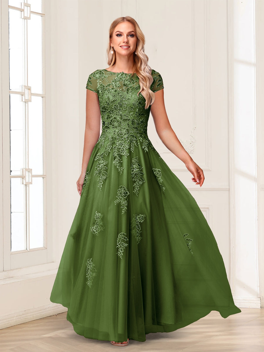 A-Line/Princess Sheer Neck Short Sleeves Long Formal Evening Dresses with Beading &amp; Appliques