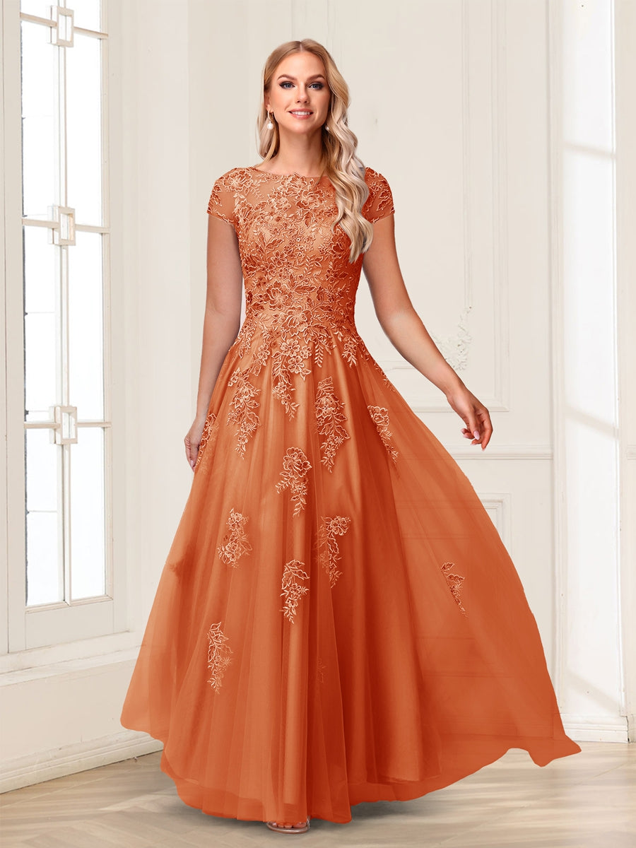 A-Line/Princess Sheer Neck Short Sleeves Long Formal Evening Dresses with Beading &amp; Appliques