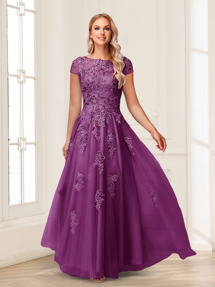 A-Line/Princess Sheer Neck Short Sleeves Long Formal Evening Dresses with Beading &amp; Appliques