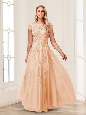 A-Line/Princess Sheer Neck Short Sleeves Long Formal Evening Dresses with Beading & Appliques