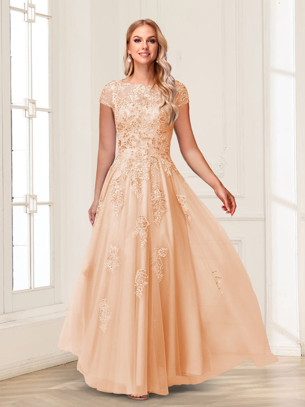 A-Line/Princess Sheer Neck Short Sleeves Long Formal Evening Dresses with Beading & Appliques