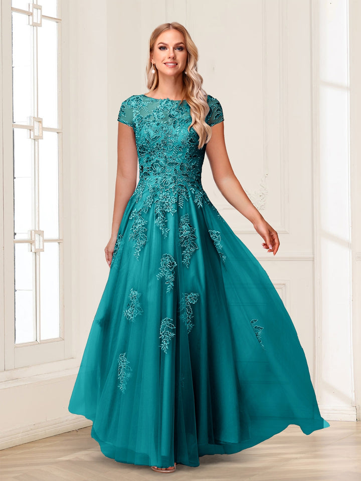 A-Line/Princess Sheer Neck Short Sleeves Long Formal Evening Dresses with Beading &amp; Appliques