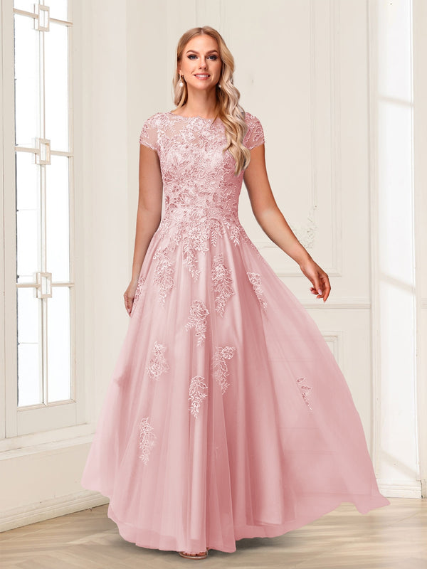 A-Line/Princess Sheer Neck Short Sleeves Long Formal Evening Dresses with Beading & Appliques