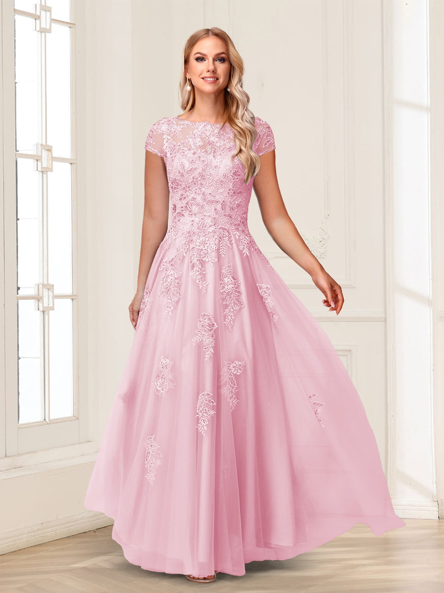 A-Line/Princess Sheer Neck Short Sleeves Long Formal Evening Dresses with Beading &amp; Appliques
