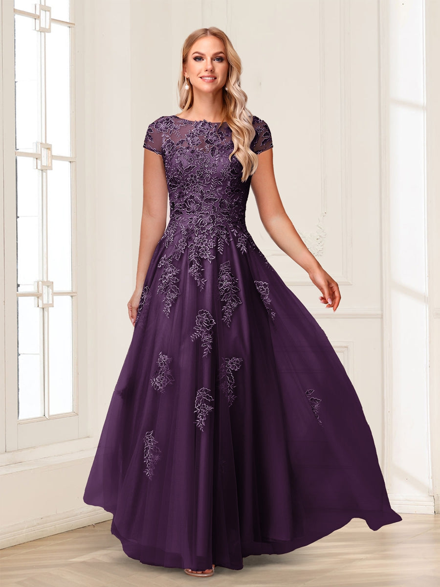 A-Line/Princess Sheer Neck Short Sleeves Long Formal Evening Dresses with Beading &amp; Appliques