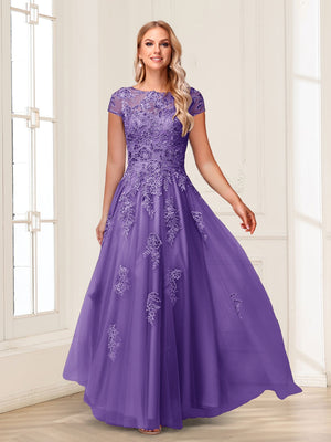 A-Line/Princess Sheer Neck Short Sleeves Long Formal Evening Dresses with Beading & Appliques