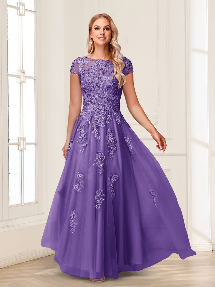 A-Line/Princess Sheer Neck Short Sleeves Long Formal Evening Dresses with Beading &amp; Appliques