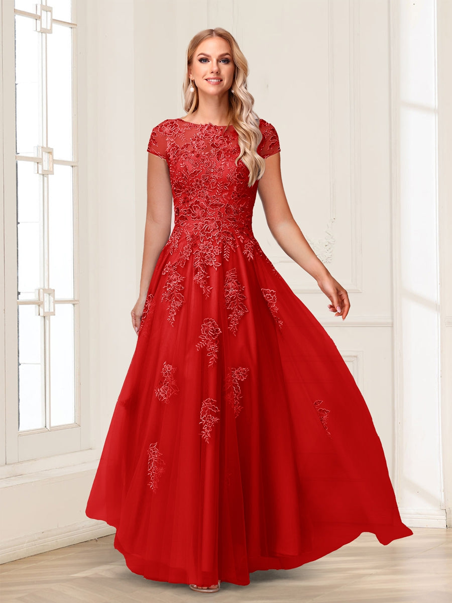 A-Line/Princess Sheer Neck Short Sleeves Long Formal Evening Dresses with Beading &amp; Appliques