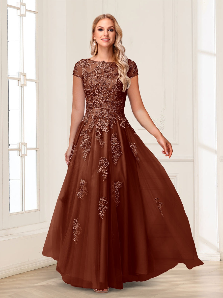 A-Line/Princess Sheer Neck Short Sleeves Long Formal Evening Dresses with Beading &amp; Appliques