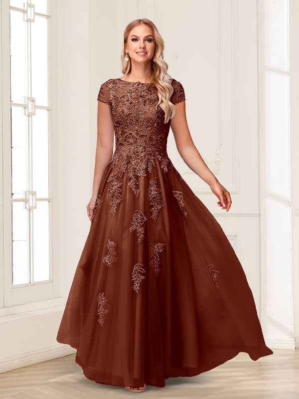 A-Line/Princess Sheer Neck Short Sleeves Long Formal Evening Dresses with Beading & Appliques