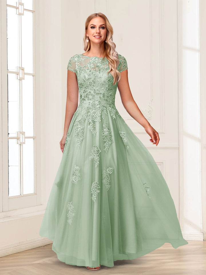 A-Line/Princess Sheer Neck Short Sleeves Long Formal Evening Dresses with Beading &amp; Appliques