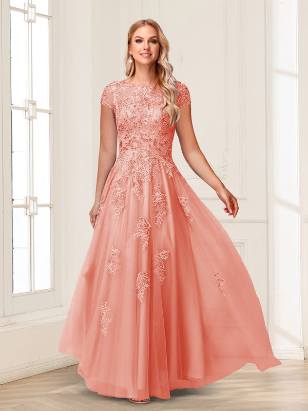A-Line/Princess Sheer Neck Short Sleeves Long Formal Evening Dresses with Beading & Appliques