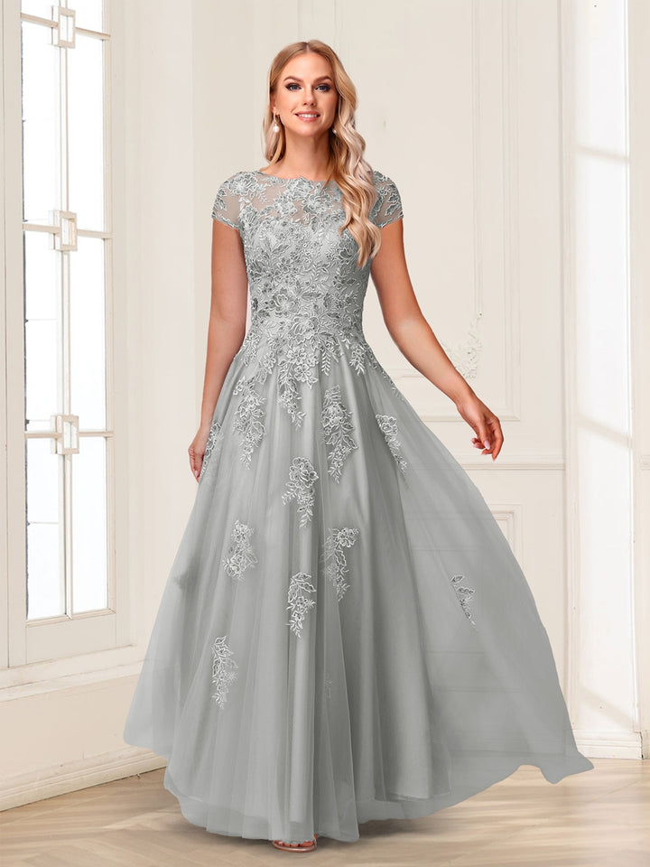A-Line/Princess Sheer Neck Short Sleeves Long Formal Evening Dresses with Beading &amp; Appliques