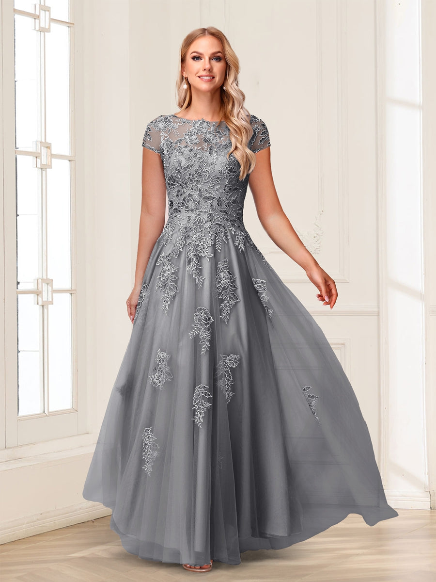 A-Line/Princess Sheer Neck Short Sleeves Long Formal Evening Dresses with Beading &amp; Appliques