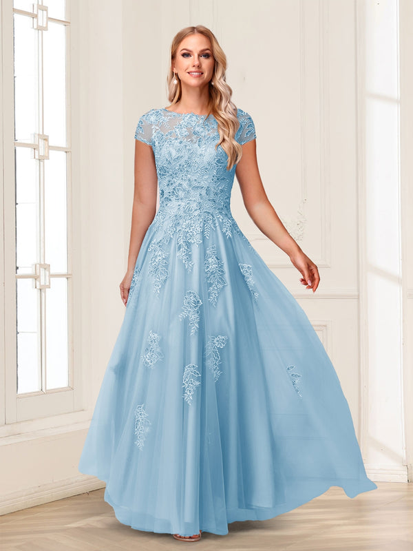 A-Line/Princess Sheer Neck Short Sleeves Long Formal Evening Dresses with Beading & Appliques