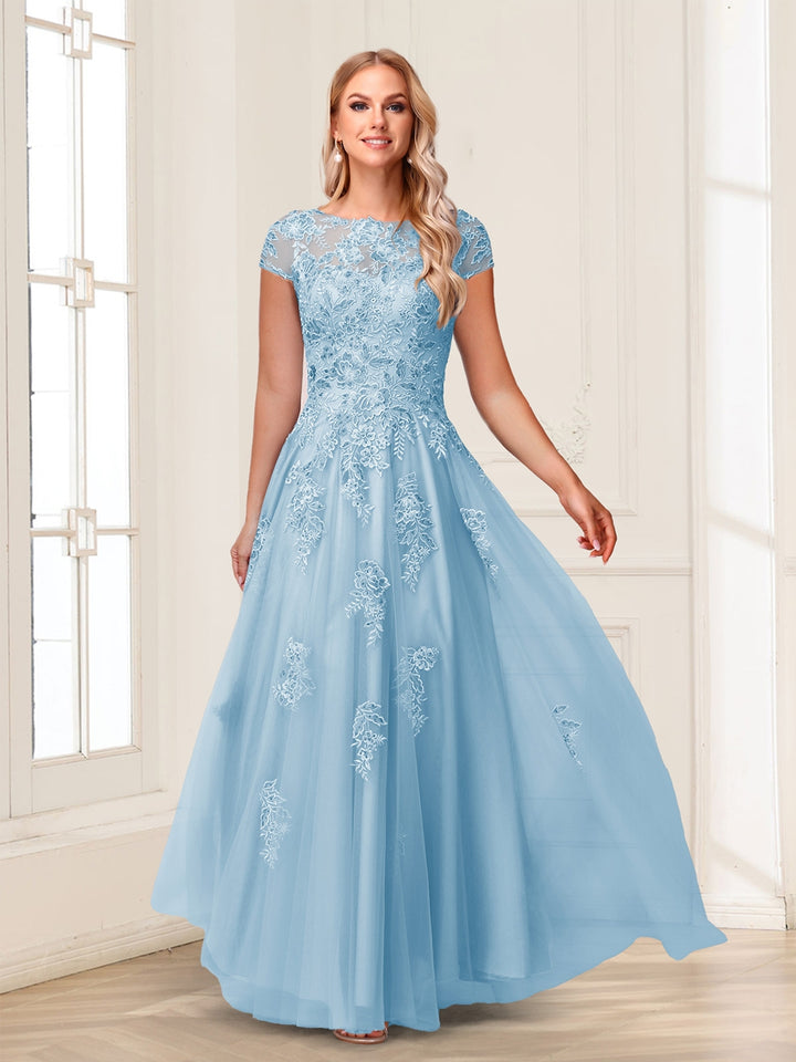 A-Line/Princess Sheer Neck Short Sleeves Long Formal Evening Dresses with Beading &amp; Appliques