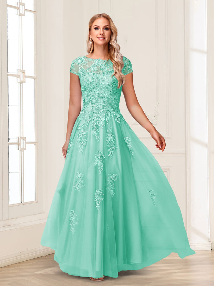 A-Line/Princess Sheer Neck Short Sleeves Long Formal Evening Dresses with Beading &amp; Appliques