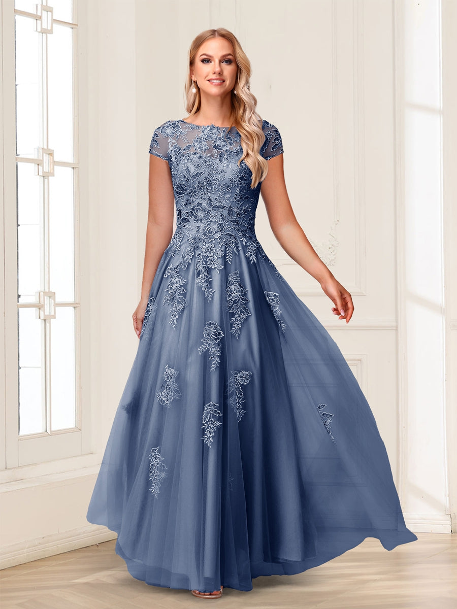 A-Line/Princess Sheer Neck Short Sleeves Long Formal Evening Dresses with Beading &amp; Appliques