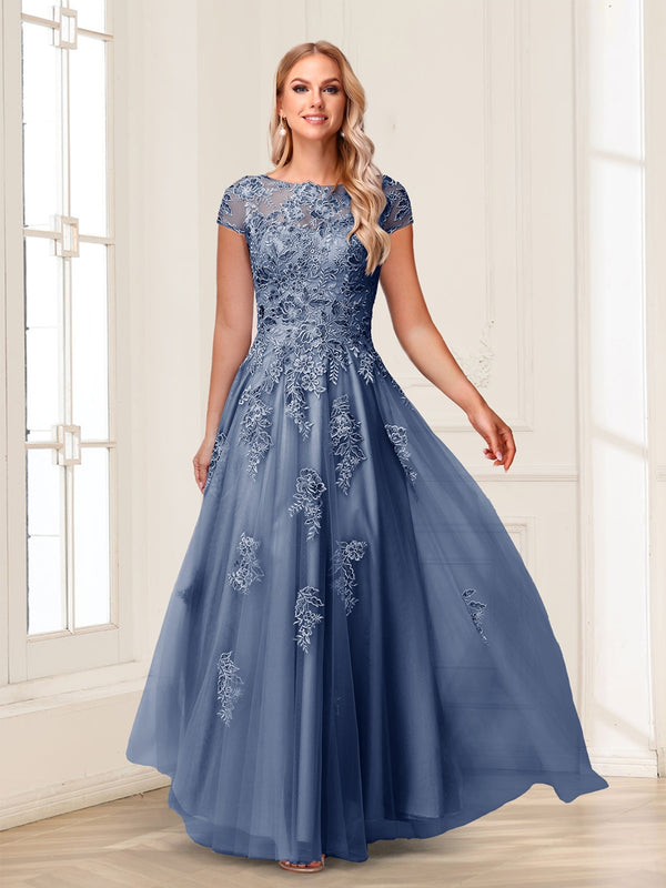 A-Line/Princess Sheer Neck Short Sleeves Long Formal Evening Dresses with Beading & Appliques