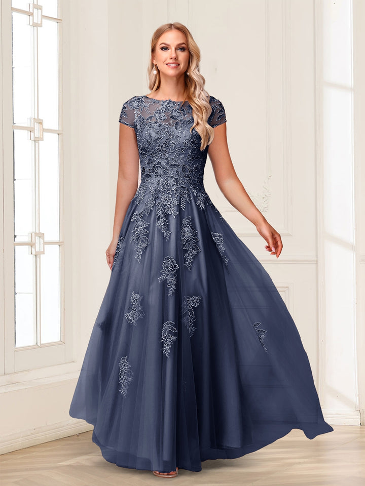 A-Line/Princess Sheer Neck Short Sleeves Long Formal Evening Dresses with Beading &amp; Appliques