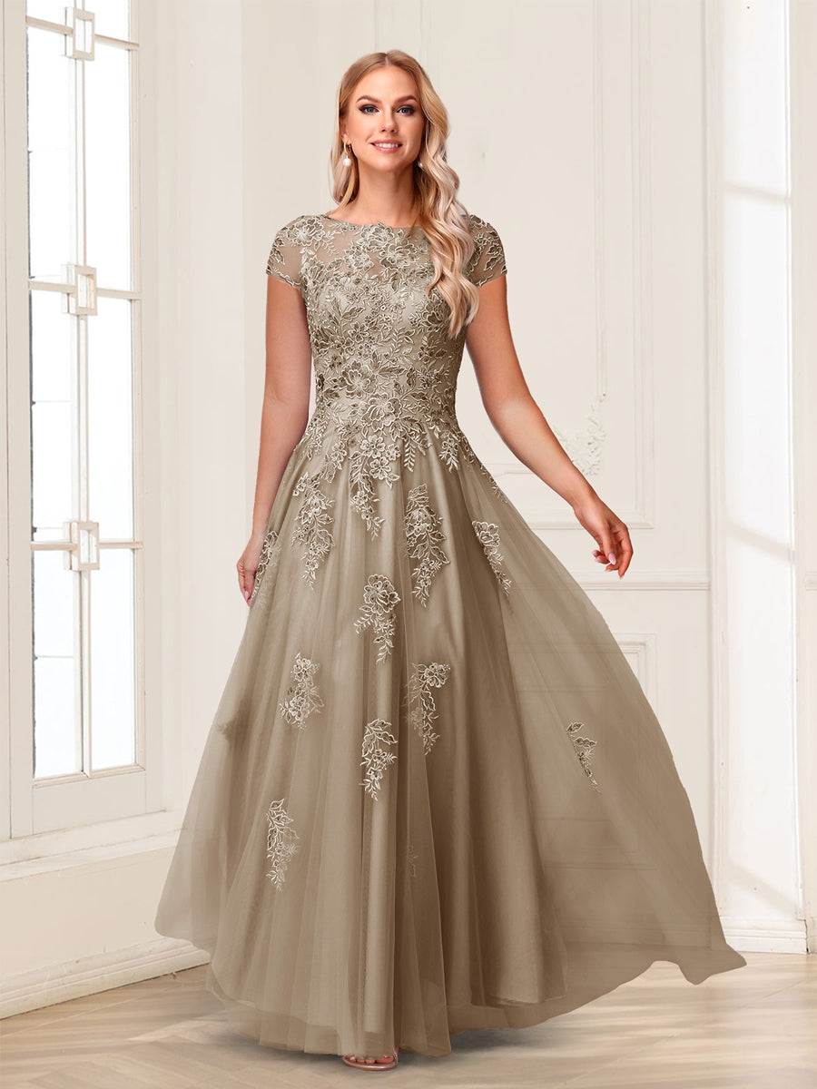 A-Line/Princess Sheer Neck Short Sleeves Long Formal Evening Dresses with Beading &amp; Appliques