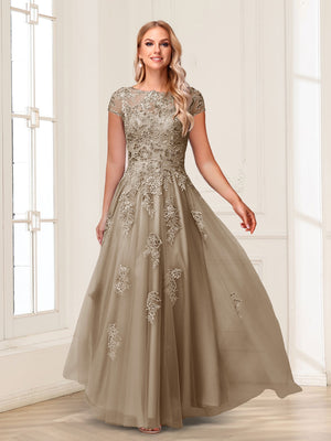 A-Line/Princess Sheer Neck Short Sleeves Long Formal Evening Dresses with Beading & Appliques