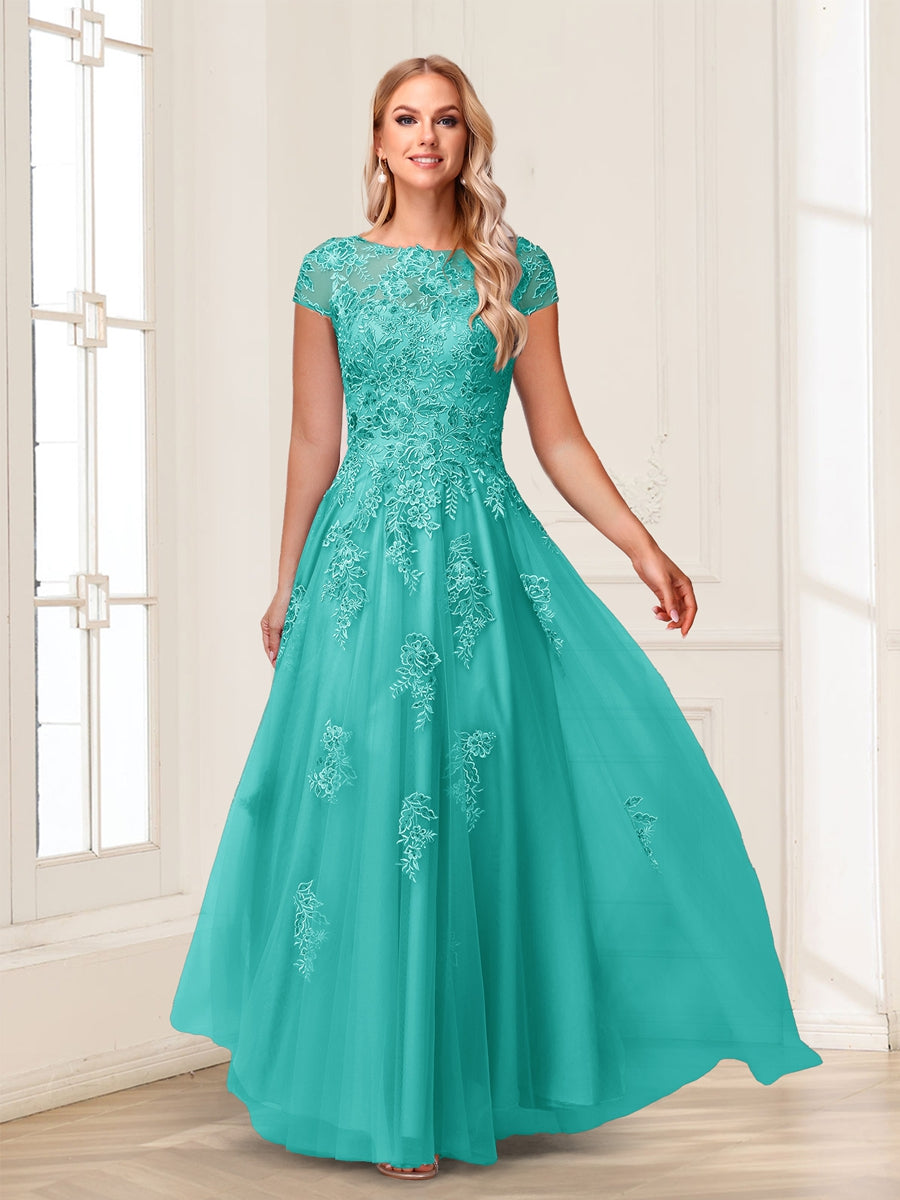 A-Line/Princess Sheer Neck Short Sleeves Long Formal Evening Dresses with Beading &amp; Appliques