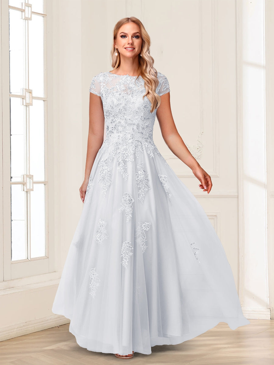 A-Line/Princess Sheer Neck Short Sleeves Long Formal Evening Dresses with Beading &amp; Appliques
