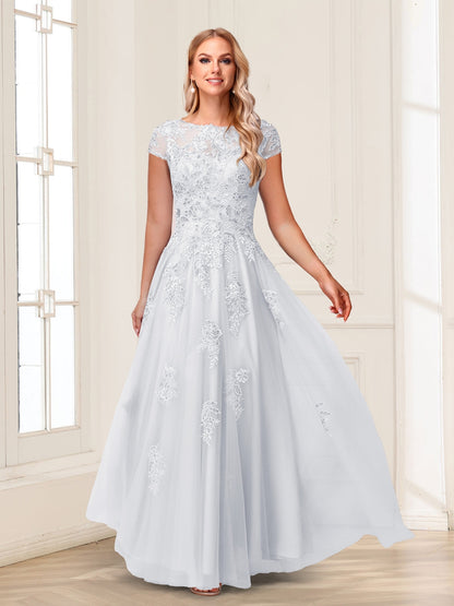 A-Line/Princess Sheer Neck Short Sleeves Long Formal Evening Dresses with Beading & Appliques