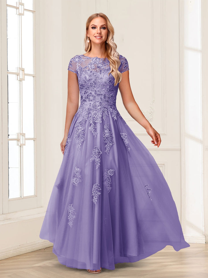 A-Line/Princess Sheer Neck Short Sleeves Long Formal Evening Dresses with Beading &amp; Appliques