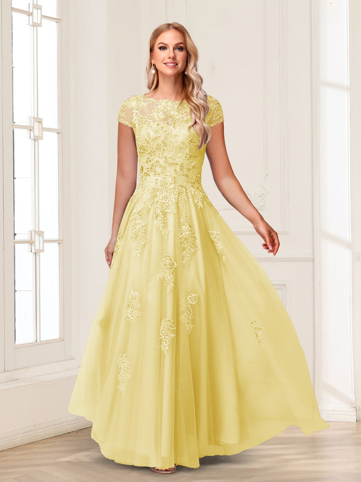 A-Line/Princess Sheer Neck Short Sleeves Long Formal Evening Dresses with Beading &amp; Appliques