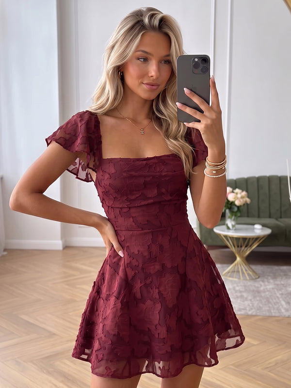 A-Line/Princess Square Neck Flying Sleeves Chiffon Mini Homecoming Dresses with Florals