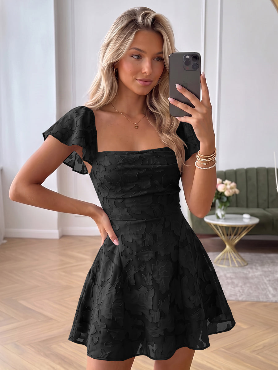 A-Line/Princess Square Neck Flying Sleeves Chiffon Mini Homecoming Dresses with Florals