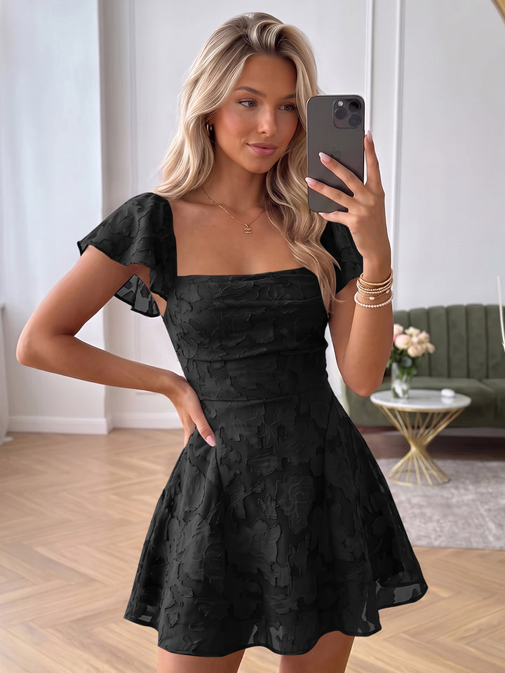 A-Line/Princess Square Neck Flying Sleeves Chiffon Mini Homecoming Dresses with Florals
