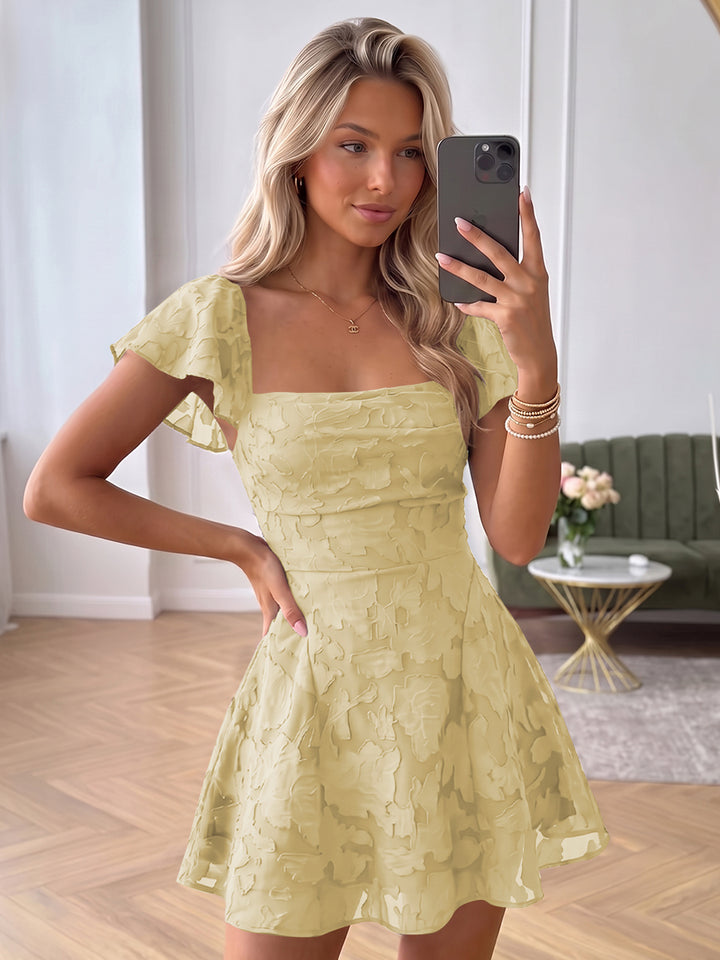 A-Line/Princess Square Neck Flying Sleeves Chiffon Mini Homecoming Dresses with Florals