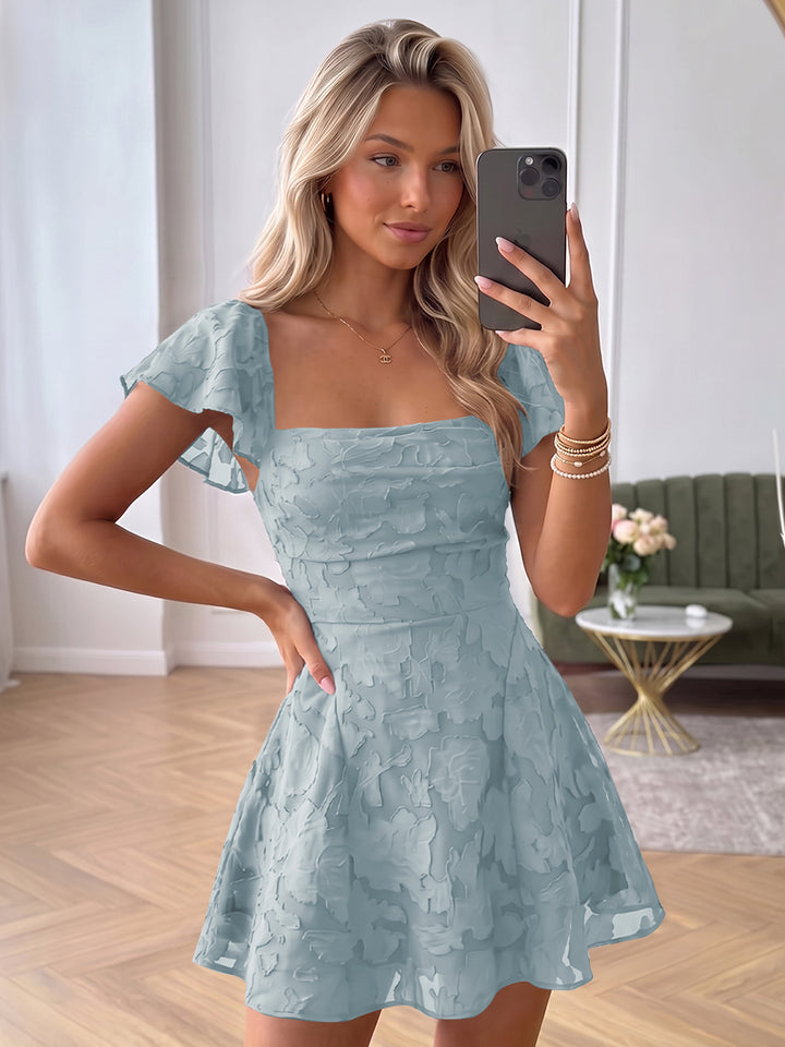 A-Line/Princess Square Neck Flying Sleeves Chiffon Mini Homecoming Dresses with Florals