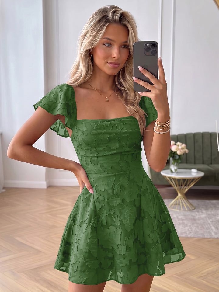 A-Line/Princess Square Neck Flying Sleeves Chiffon Mini Homecoming Dresses with Florals