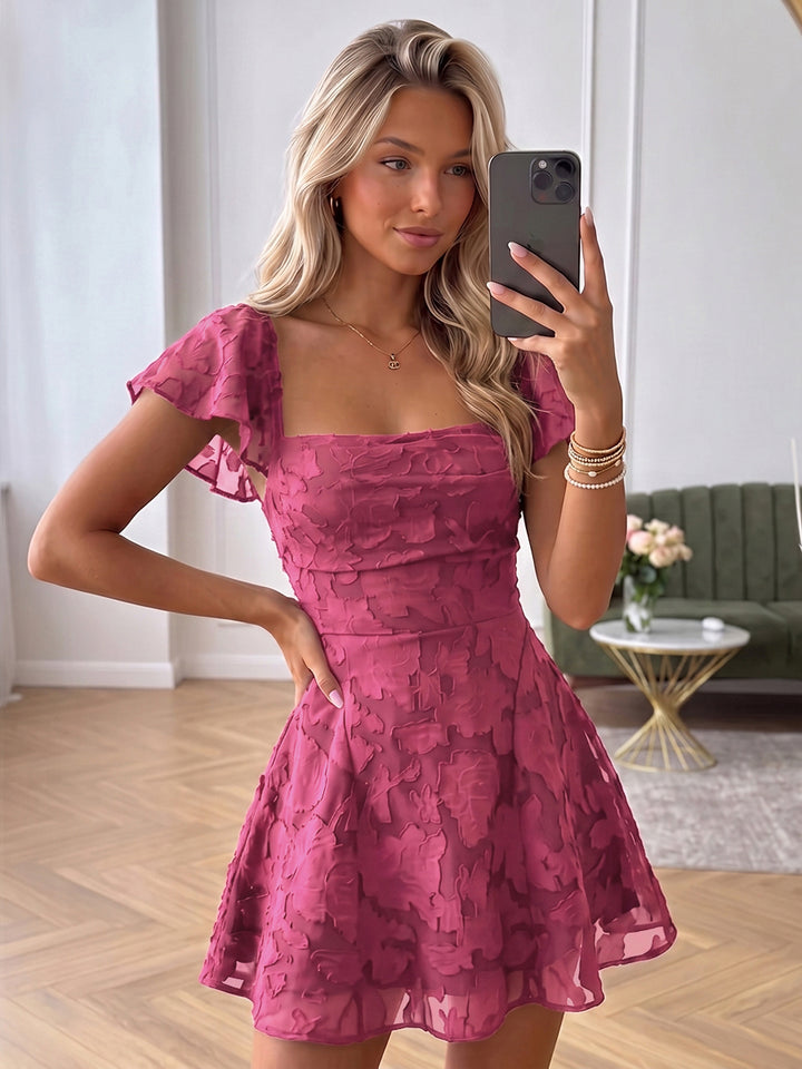 A-Line/Princess Square Neck Flying Sleeves Chiffon Mini Homecoming Dresses with Florals