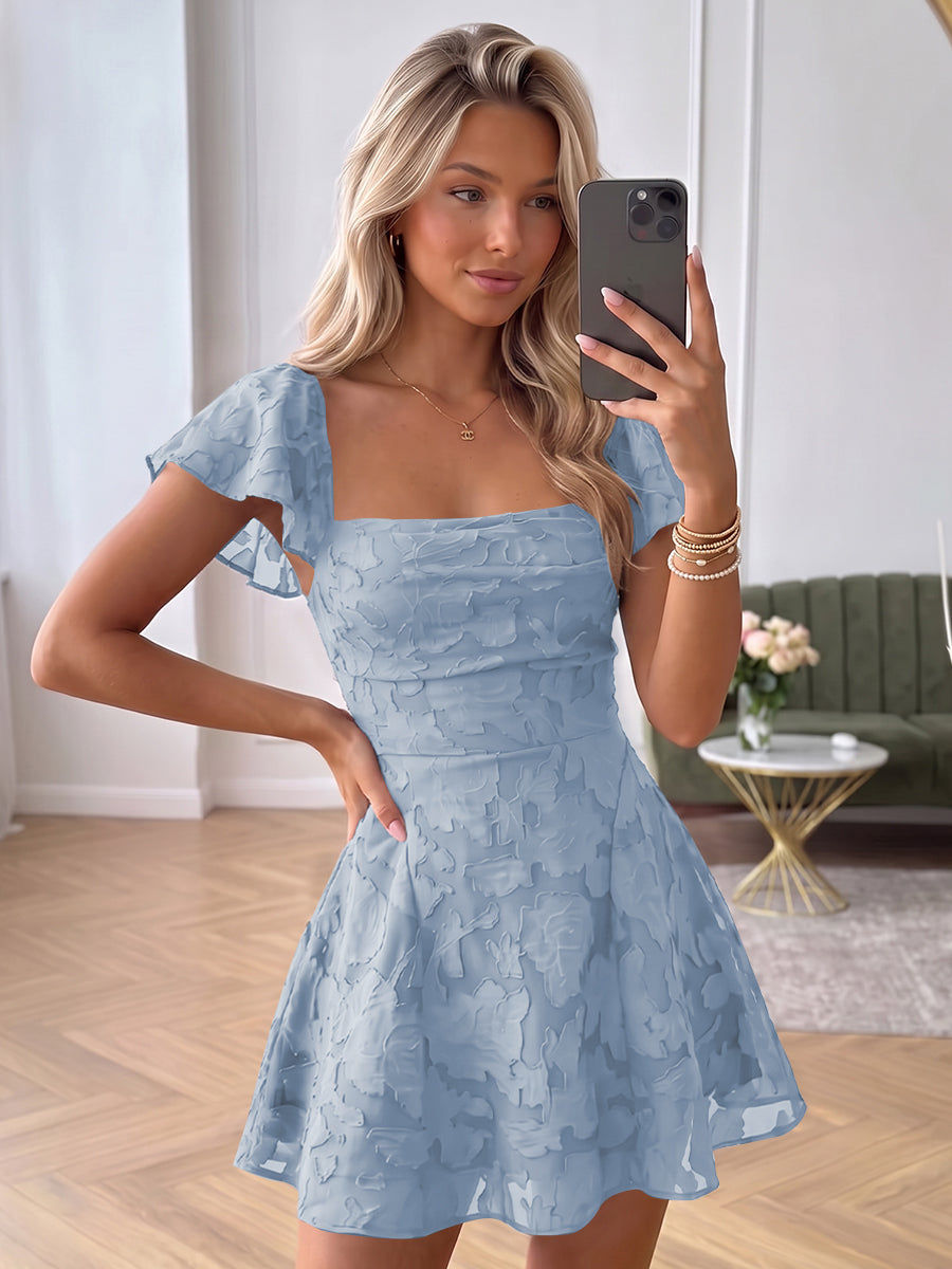 A-Line/Princess Square Neck Flying Sleeves Chiffon Mini Homecoming Dresses with Florals